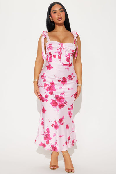 Garden Dreams Floral Print Satin Maxi Dress Pink Combo