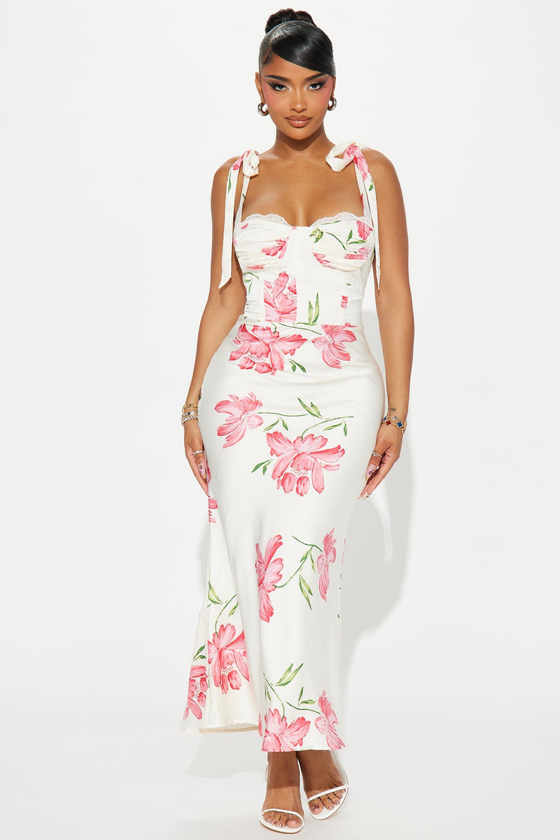 Garden Dreams Satin Floral Maxi Dress in White Combo
