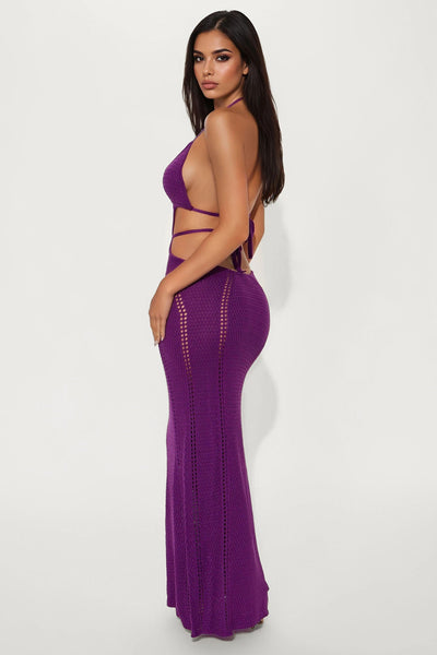 Easy Breezy Crochet Maxi Dress - Plum Halter Neck Knit