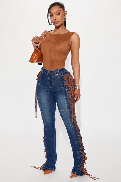Jaw Dropper Stretch Lace Up Bootcut Jeans Dark Wash Denim