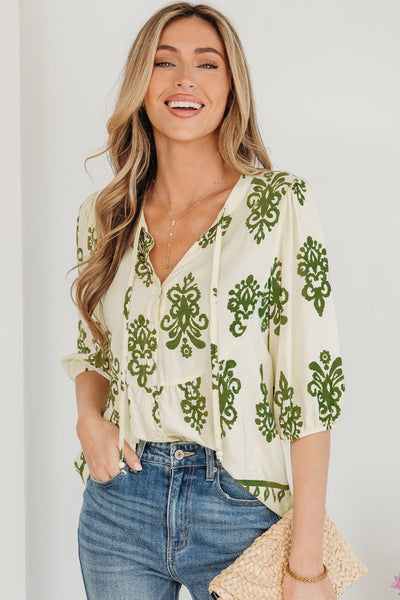 Apricot Floral Print Tie V Neck Button Down Puffy Sleeve Shirt