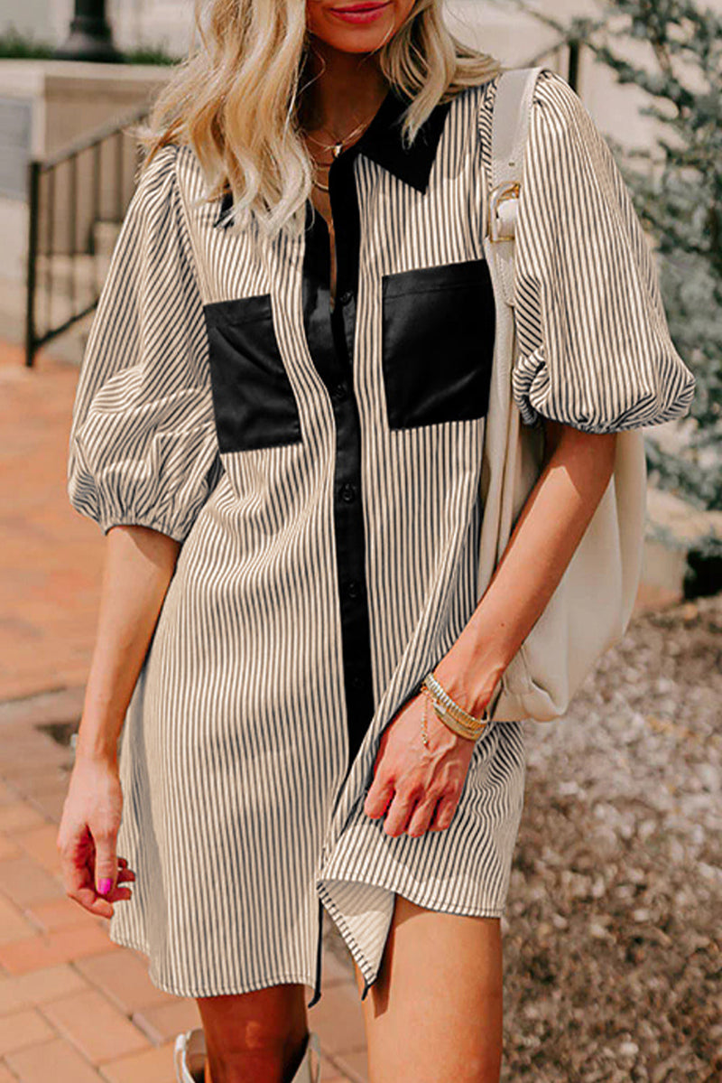 Black Stripe Color Block Mini Dress With Puff Sleeves And Collar
