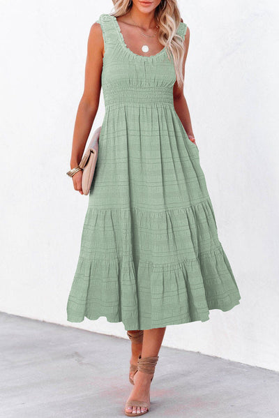 Green Shirred Pleated Square Neck Sleeveless Midi Dress for Women