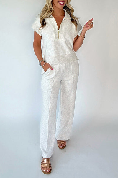 Light Grey Half Zip Polo Tee Casual Women's Pant Set