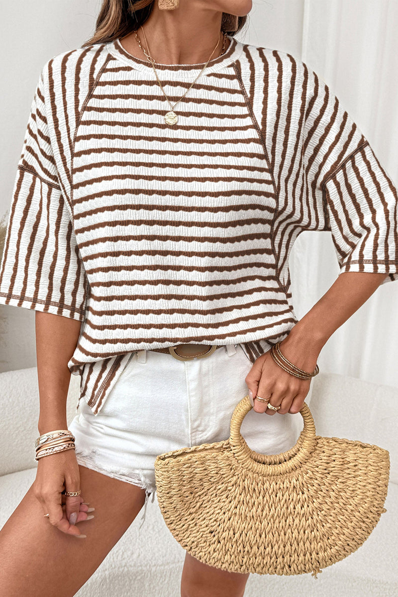 Brown Striped Textured Knit Half Sleeve Loose Fit Casual Top
