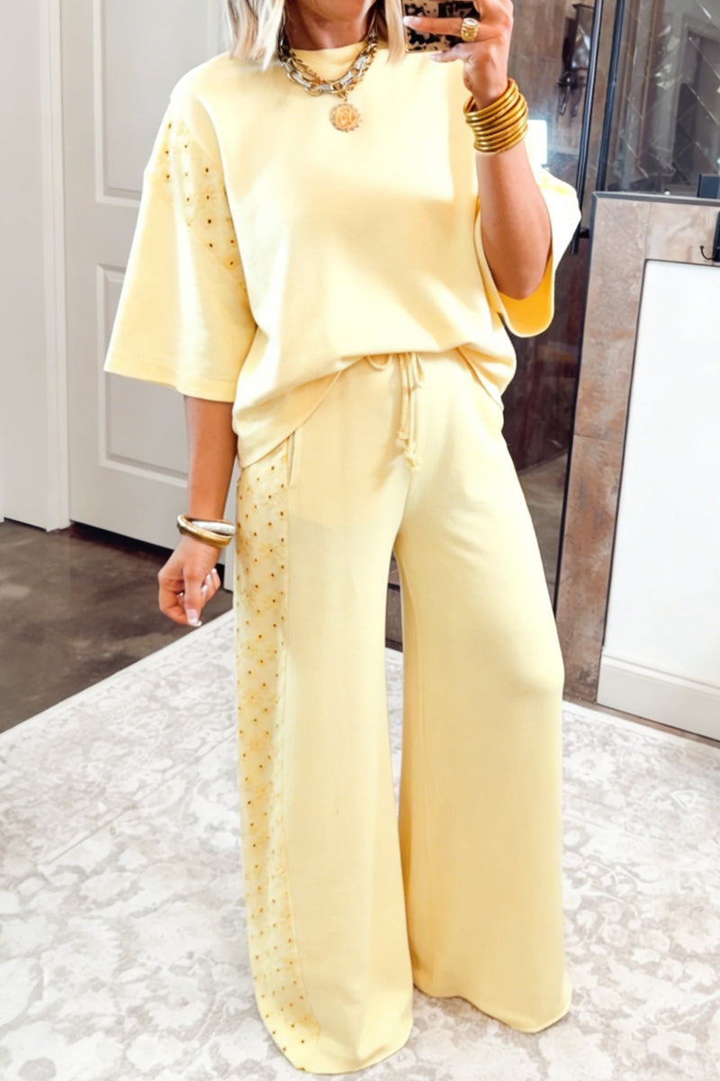 Yellow Cream Eyelet Lace Patchwork Oversize Tee and Loose Pants