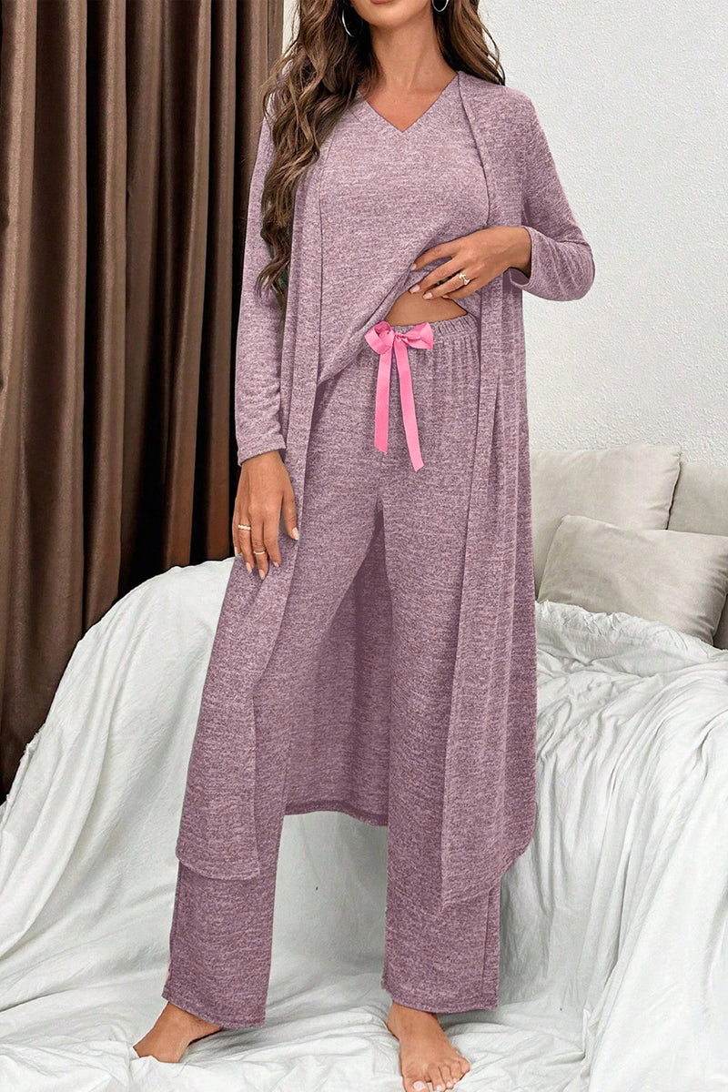 Cozy 3-Piece V-Neck Lounge Set with Duster and Knot Pants