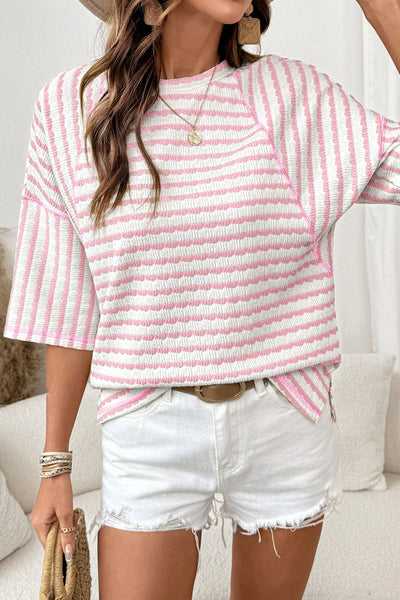 Pink Stripe Textured Knit Split Hem Casual Half Sleeve Top