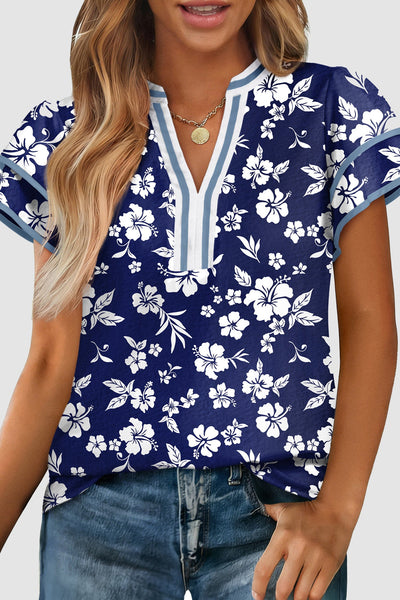 Blue Floral Print Split Neck Double Ruffle Short Sleeve Blouse