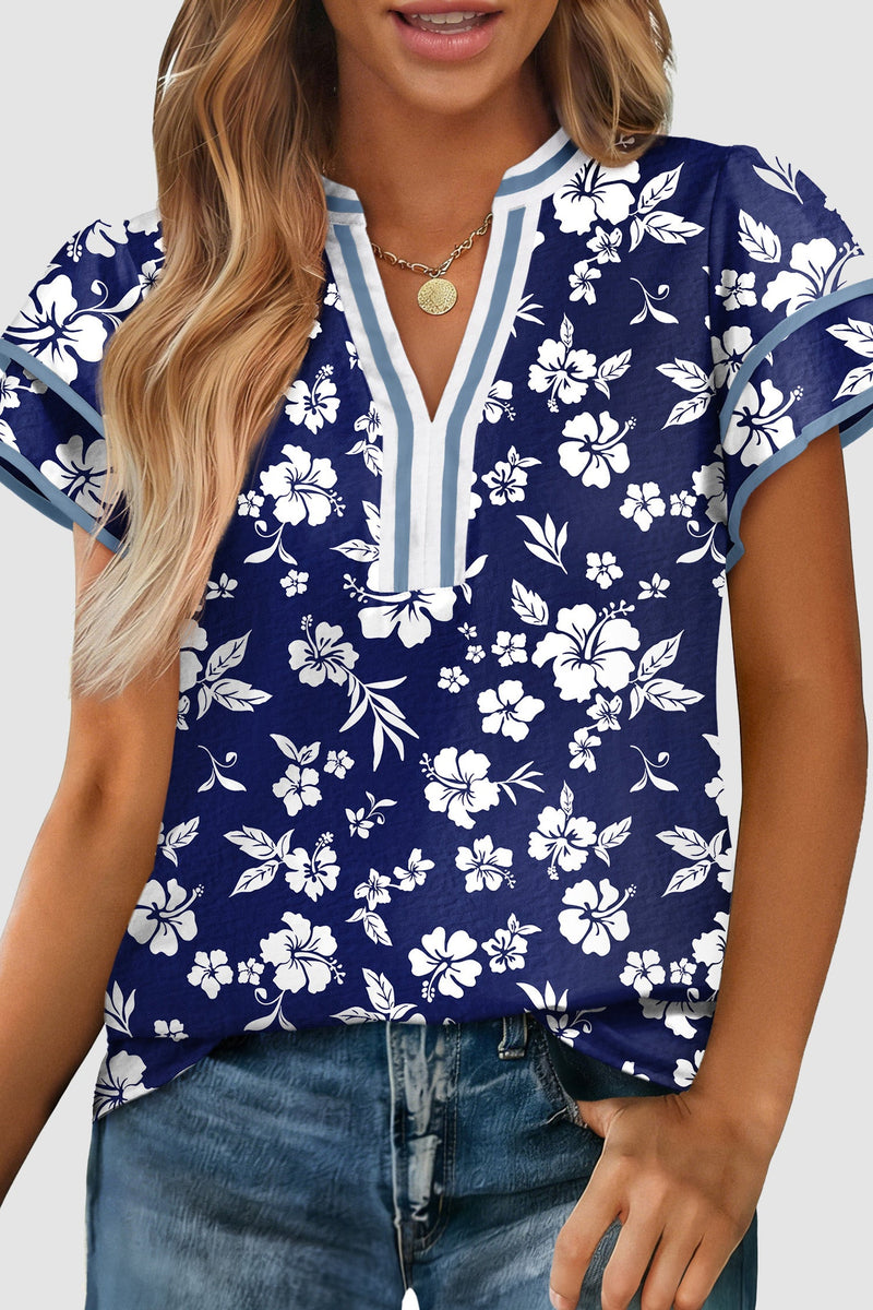 Blue Floral Print Split Neck Double Ruffle Short Sleeve Blouse